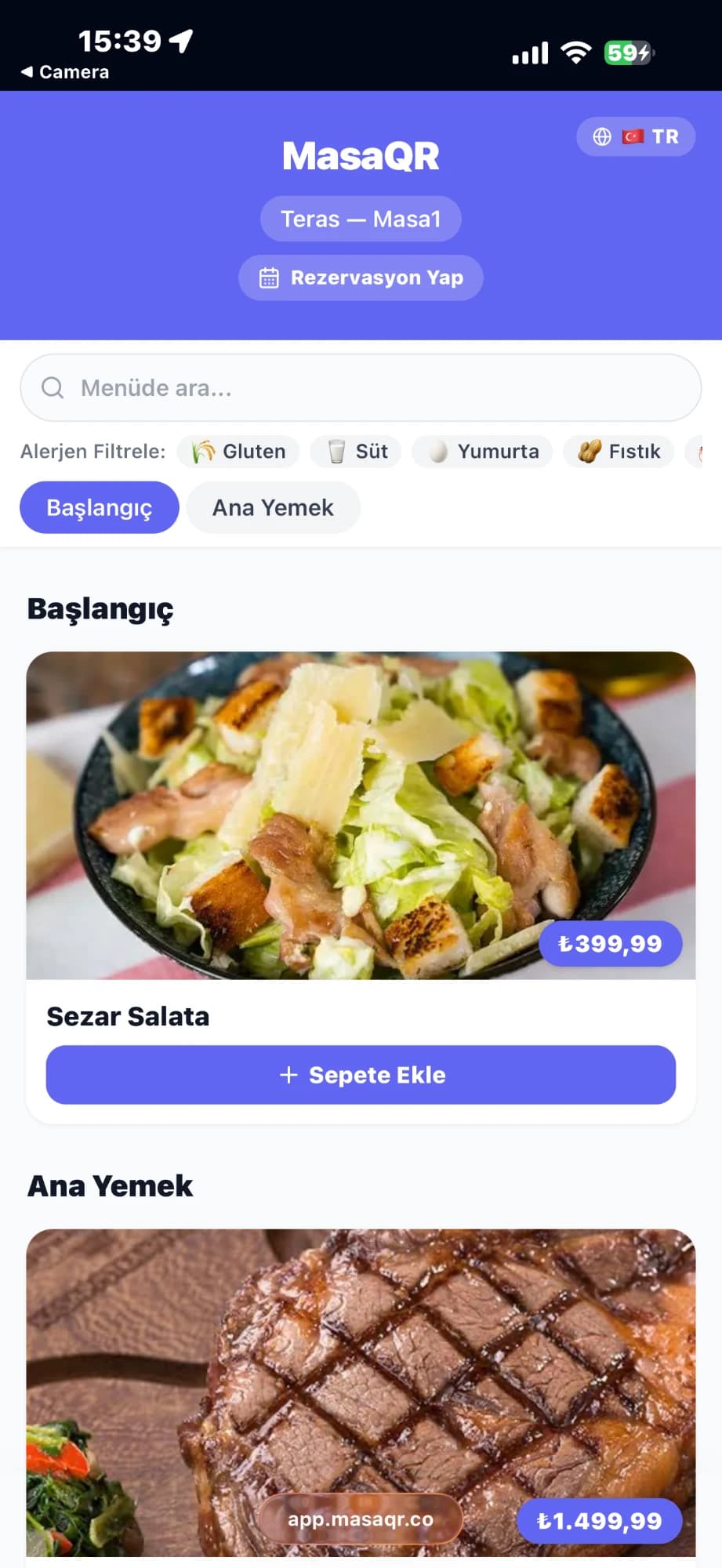 Misafirin telefonunda açılan MasaQR menüsü: kategoriler, fotoğraflı ürünler ve sepete ekleme